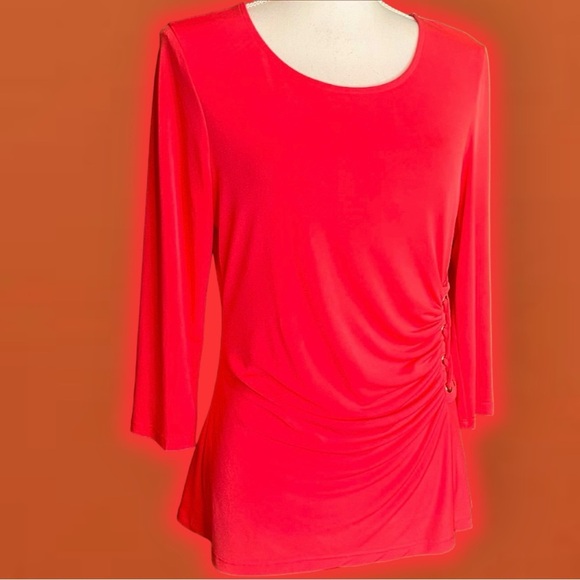 Calvin Klein ‘3/4 Sleeve Ruched Lace Up Detail Pullover Blouse’ Coral Red Size S - Picture 14 of 15